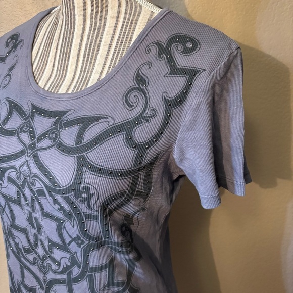 Skinny Minnie Top Large Charcoal Patterned Short-Sleeve Ribbed 100% Cotton Beads - Picture 8 of 14